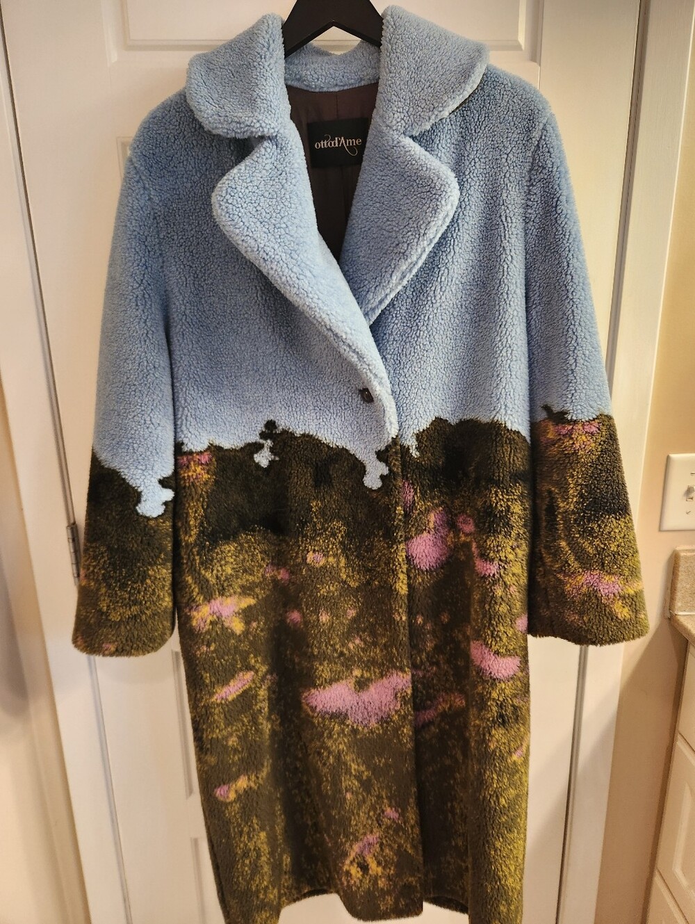Ottod'Ame Blue & Multicolor Faux Shearling Ankle Length LongCoat
